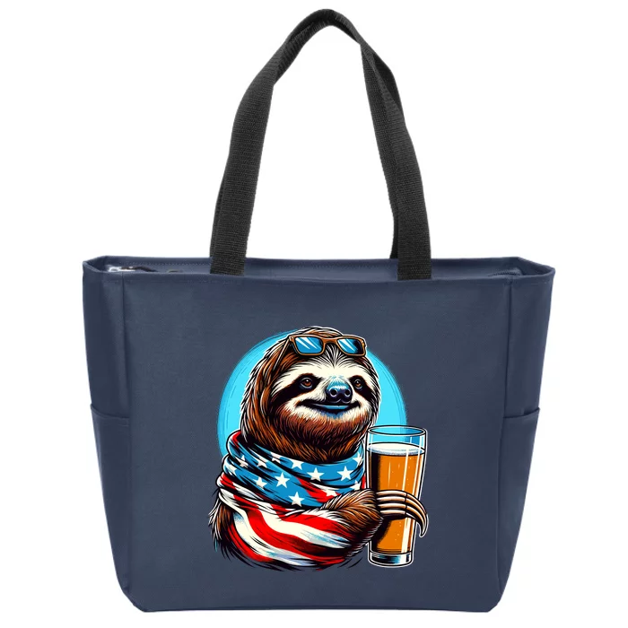 Sloth Holding Beer Usa Flag Zip Tote Bag