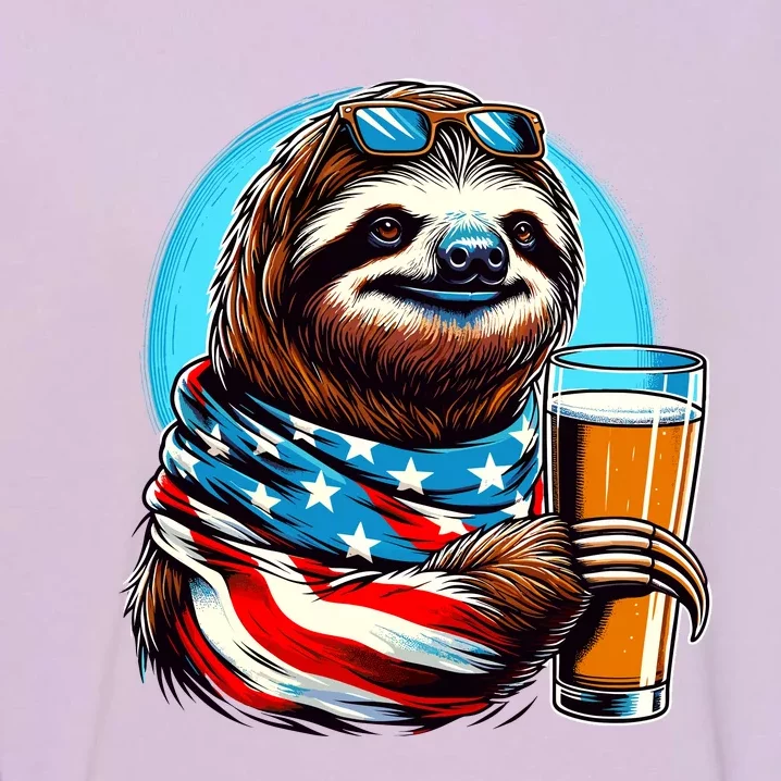 Sloth Holding Beer Usa Flag Garment-Dyed Sweatshirt