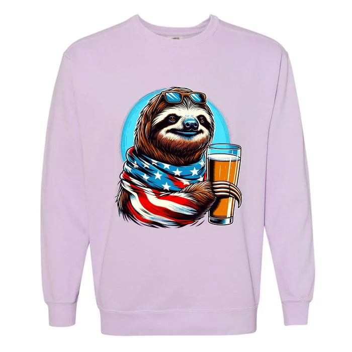 Sloth Holding Beer Usa Flag Garment-Dyed Sweatshirt