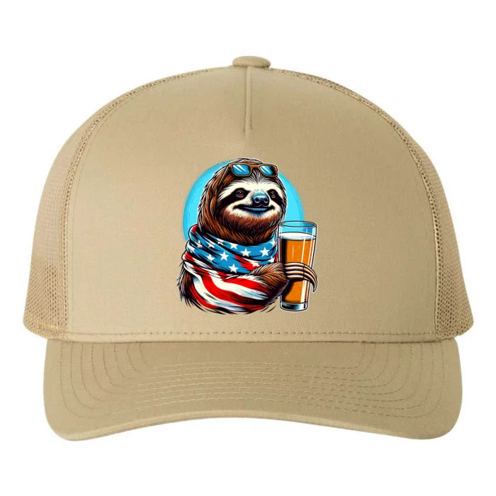 Sloth Holding Beer Usa Flag Yupoong Adult 5-Panel Trucker Hat