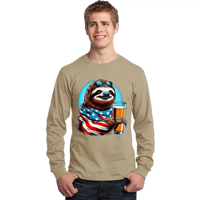 Sloth Holding Beer Usa Flag Tall Long Sleeve T-Shirt