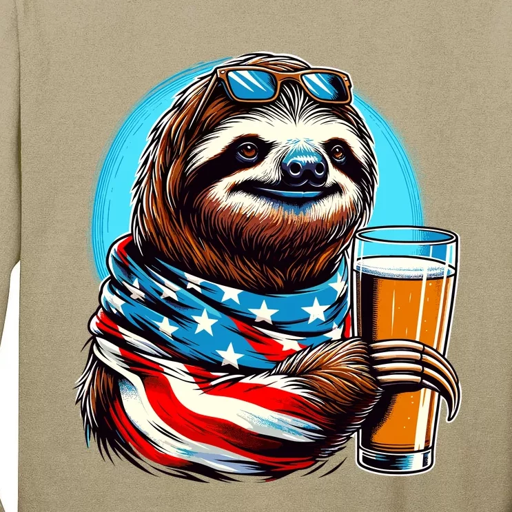 Sloth Holding Beer Usa Flag Tall Long Sleeve T-Shirt