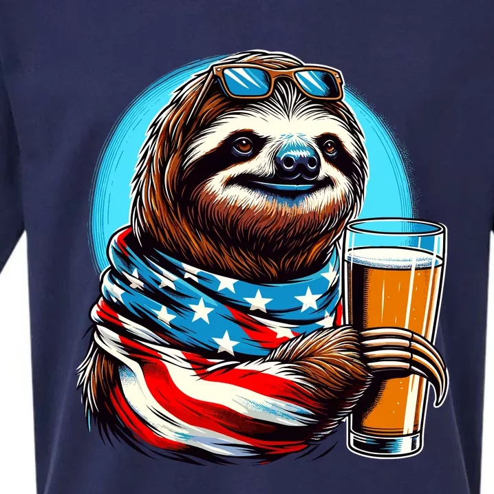 Sloth Holding Beer Usa Flag Sueded Cloud Jersey T-Shirt