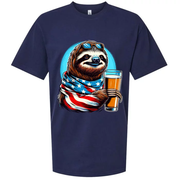 Sloth Holding Beer Usa Flag Sueded Cloud Jersey T-Shirt