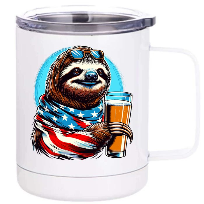 Sloth Holding Beer Usa Flag Front & Back 12oz Stainless Steel Tumbler Cup