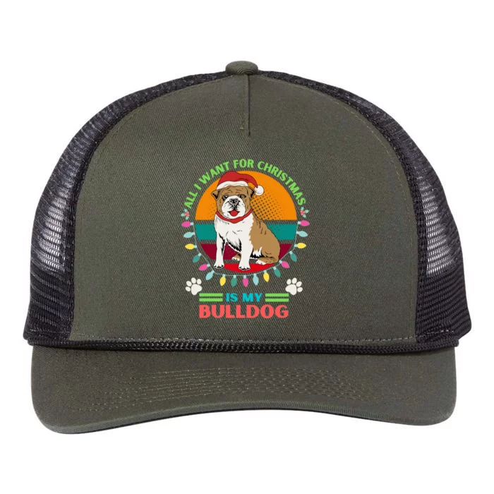 Santa Hat Bulldog All I Want For Christmas Holiday Lights Gift Retro Rope Trucker Hat Cap