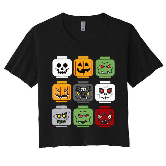 Spooky Halloween Building Brick Head Pumpkin Ghost Zombie Costume Women's Crop Top Tee