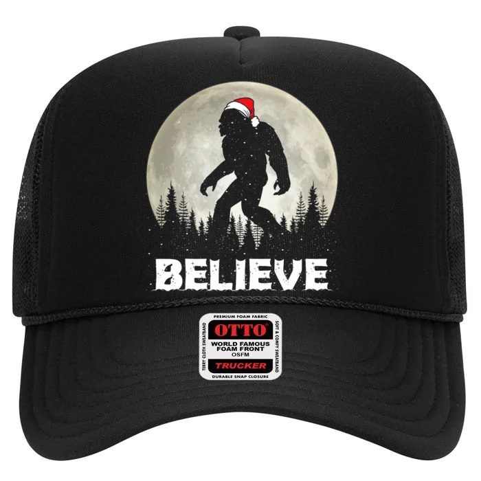 Santa Hat Bigfoot Believe Christmas Lights Rock Sasquatch High Crown Mesh Trucker Hat