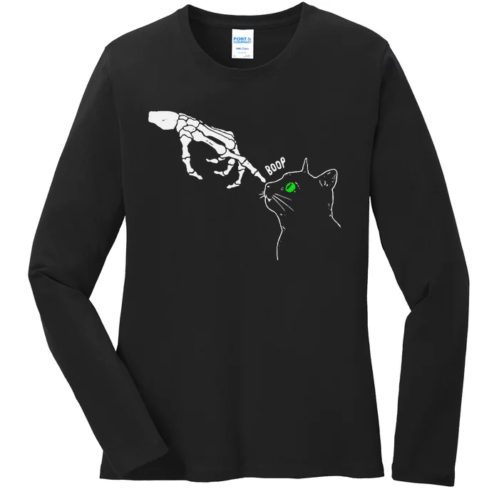 Skeleton Hand Boop On A CatS Nose Ladies Long Sleeve Shirt