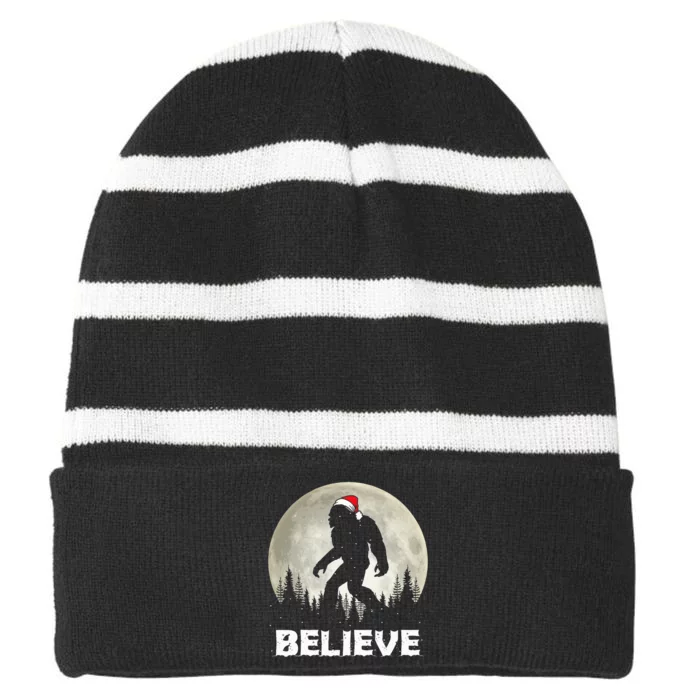 Santa Hat Bigfoot Believe Christmas Lights Rock Sasquatch Striped Beanie with Solid Band