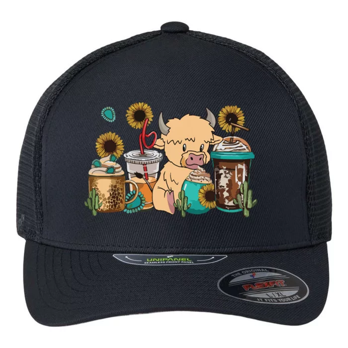 Scottish Highland Cow Print Drinking Coffee Cactus Sunflower Flexfit Unipanel Trucker Cap