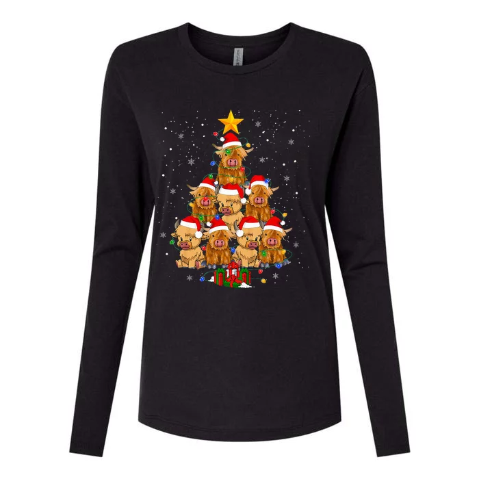 Scottish Highland Cow Christmas Tree Funny Cow Lover Xmas Womens Cotton Relaxed Long Sleeve T-Shirt