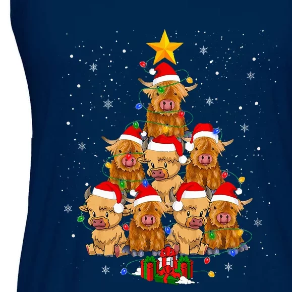 Scottish Highland Cow Christmas Tree Funny Cow Lover Xmas Ladies Essential Flowy Tank