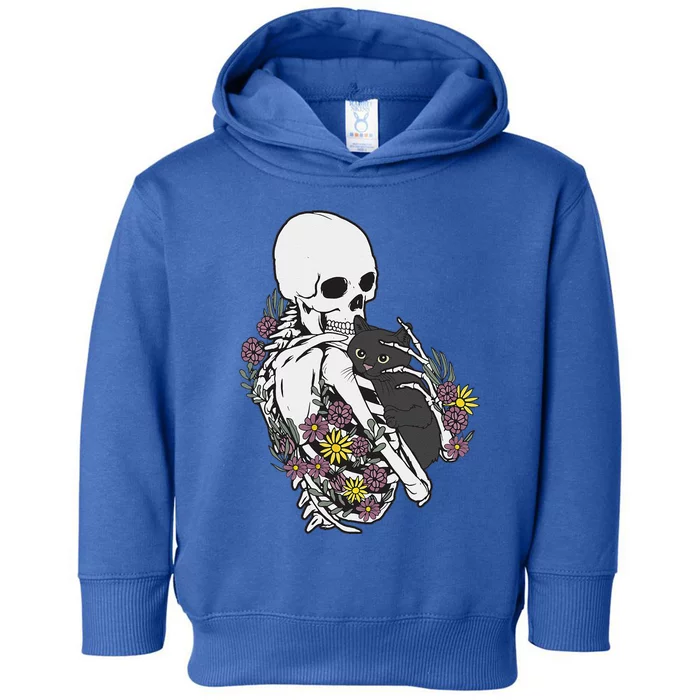 Skeleton Hugging Cat Flowers Skeleton Black Cat Toddler Hoodie