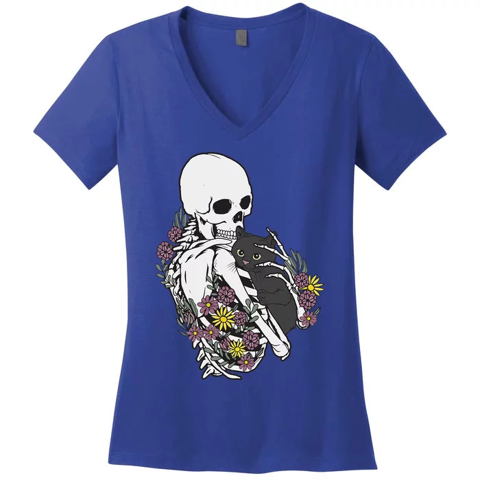 Skeleton Hugging Cat Flowers Skeleton Black Cat Women's V-Neck T-Shirt