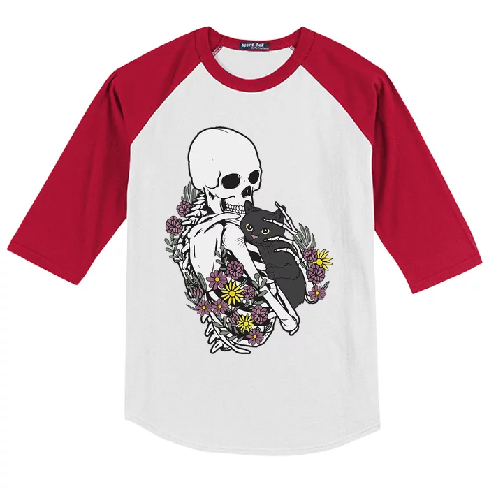 Skeleton Hugging Cat Flowers Skeleton Black Cat Kids Colorblock Raglan Jersey