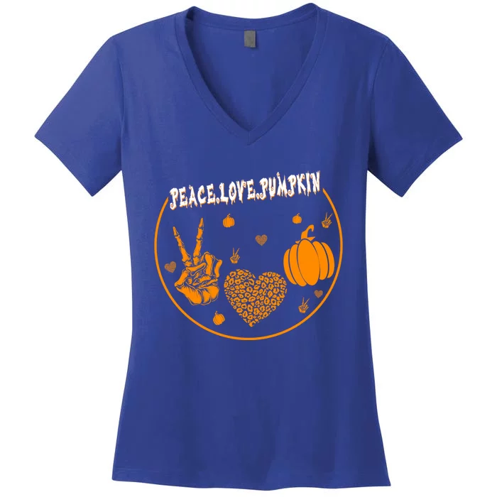 S Halloween Costume Peace Love Pumpkins Leopard Skull Gift Women's V-Neck T-Shirt