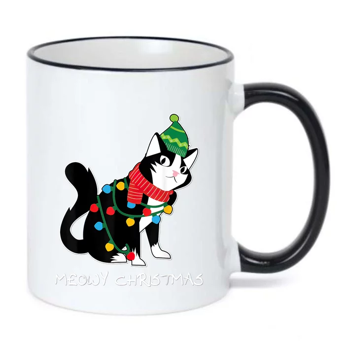 Santa Hat Cat Meowy XMas Light Up Funny Christmas Gift Black Color Changing Mug