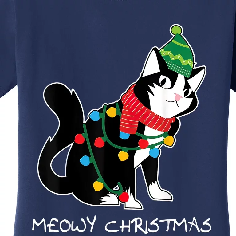 Santa Hat Cat Meowy XMas Light Up Funny Christmas Gift Women's T-Shirt