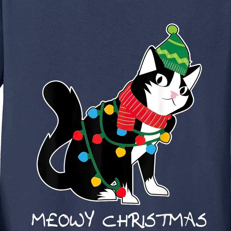 Santa Hat Cat Meowy XMas Light Up Funny Christmas Gift Kids Long Sleeve Shirt