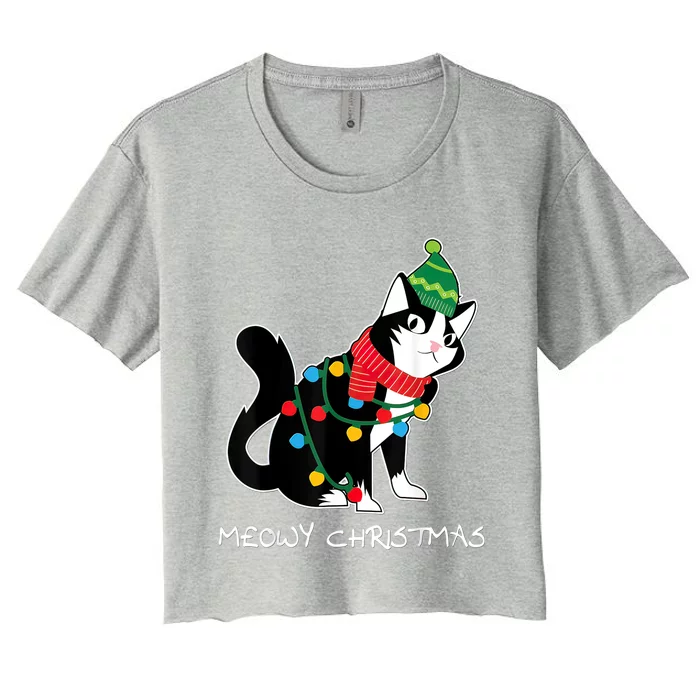 Santa Hat Cat Meowy XMas Light Up Funny Christmas Gift Women's Crop Top Tee