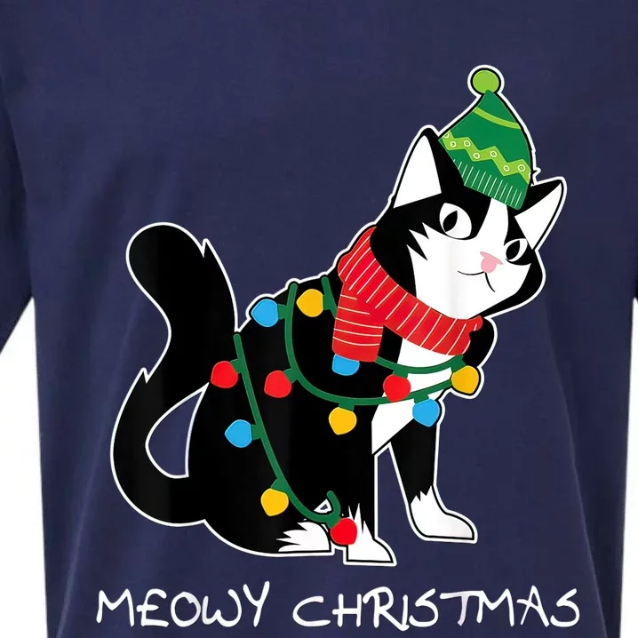 Santa Hat Cat Meowy XMas Light Up Funny Christmas Gift Sueded Cloud Jersey T-Shirt