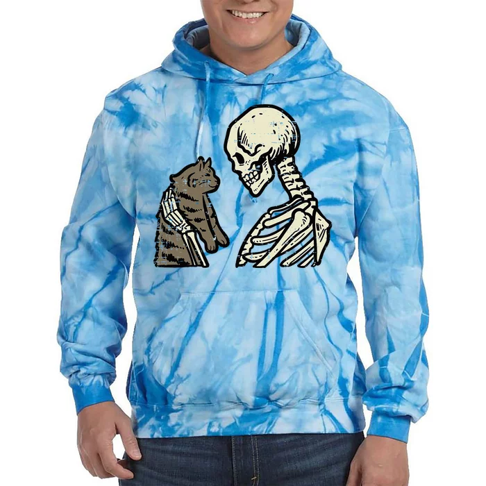 Skeleton Holding Cat Funny Halloween Skull Tie Dye Hoodie