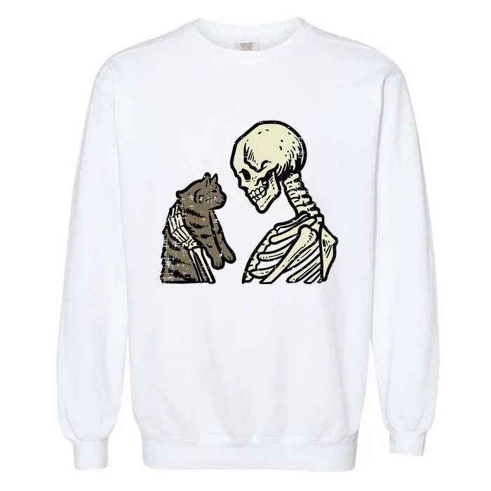 Skeleton Holding Cat Funny Halloween Skull Garment-Dyed Sweatshirt