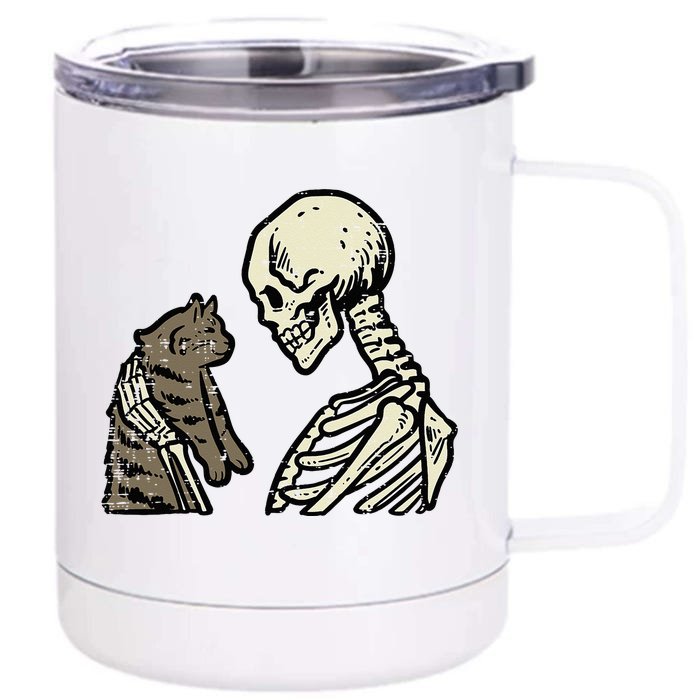 Skeleton Holding Cat Funny Halloween Skull Front & Back 12oz Stainless Steel Tumbler Cup