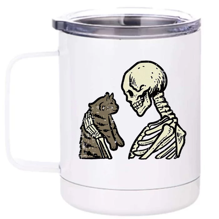 Skeleton Holding Cat Funny Halloween Skull Front & Back 12oz Stainless Steel Tumbler Cup