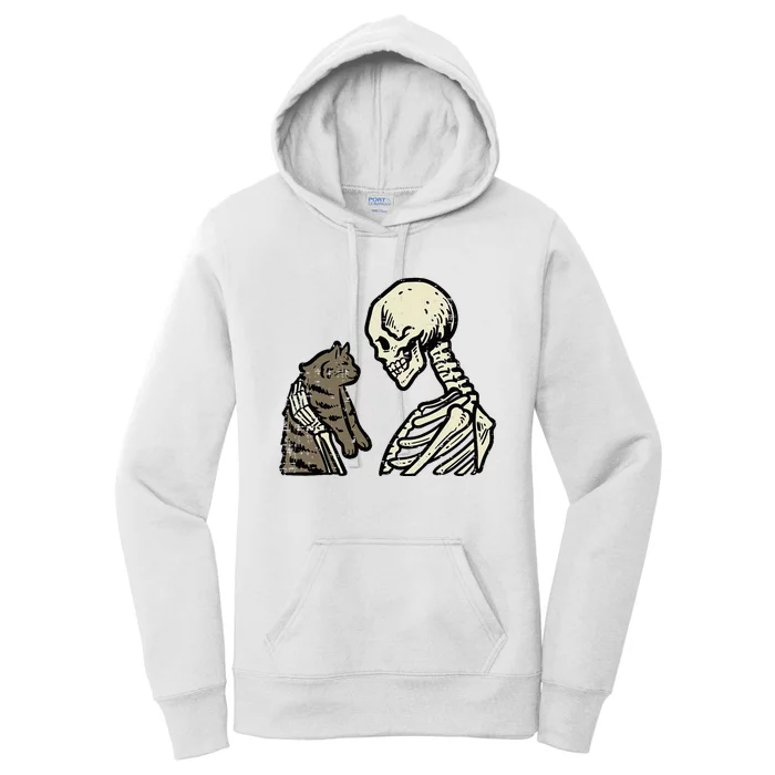 Skeleton Holding Cat Funny Halloween Skull Women's Pullover Hoodie