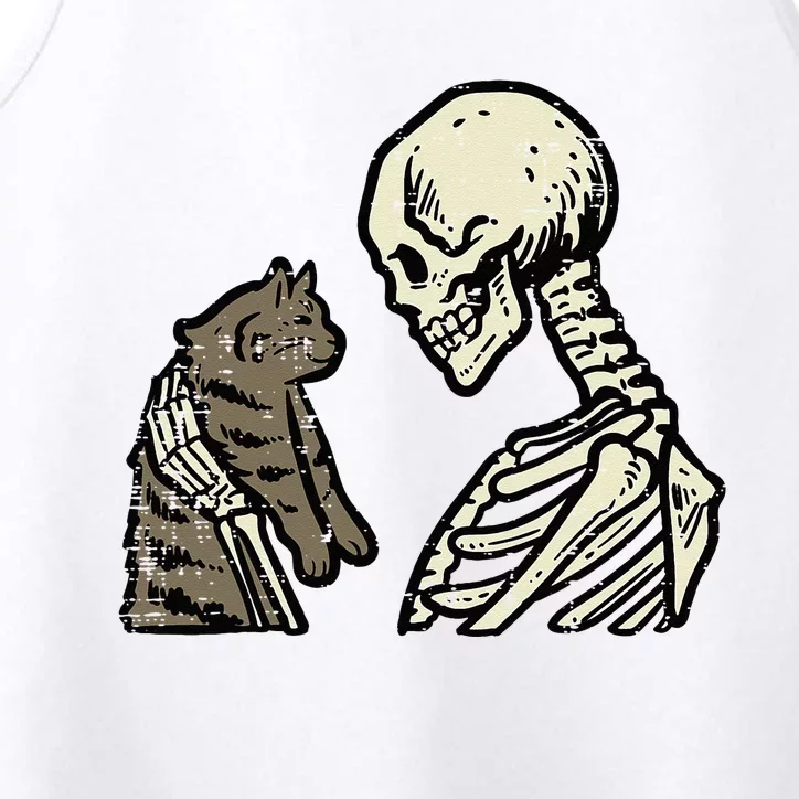 Skeleton Holding Cat Funny Halloween Skull Performance Tank