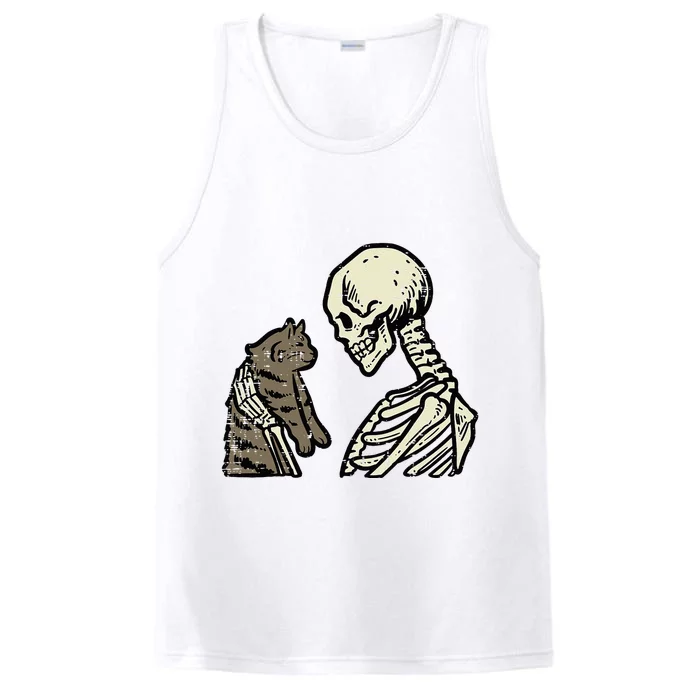 Skeleton Holding Cat Funny Halloween Skull Performance Tank