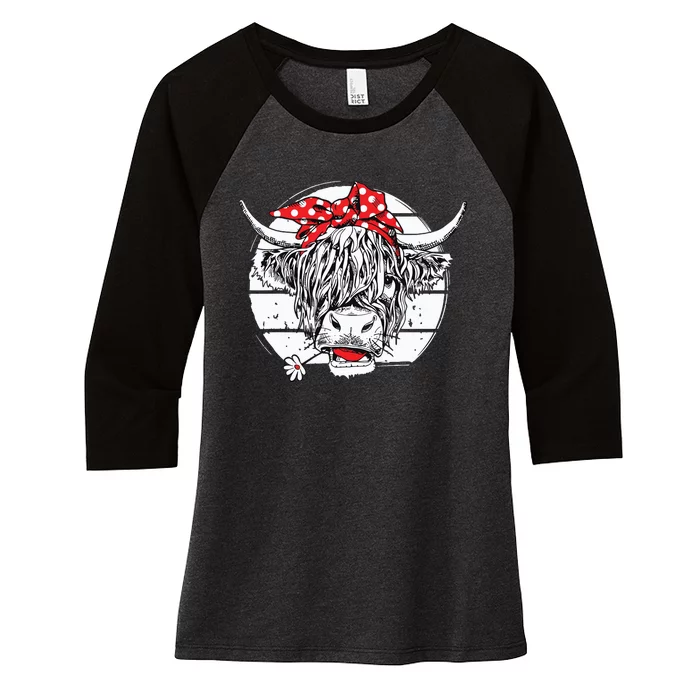 Scottish Highland Cow Cattle Hairy Cow Flowers Women's Tri-Blend 3/4-Sleeve Raglan Shirt