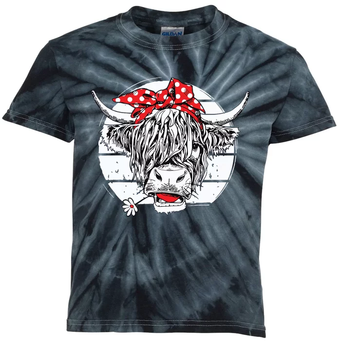 Scottish Highland Cow Cattle Hairy Cow Flowers Kids Tie-Dye T-Shirt