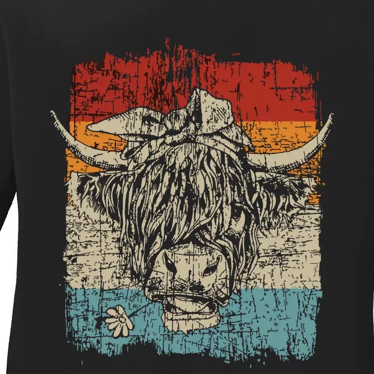 Scottish Highland Cow Cattle Hairy Cow Flowers Ladies Long Sleeve Shirt