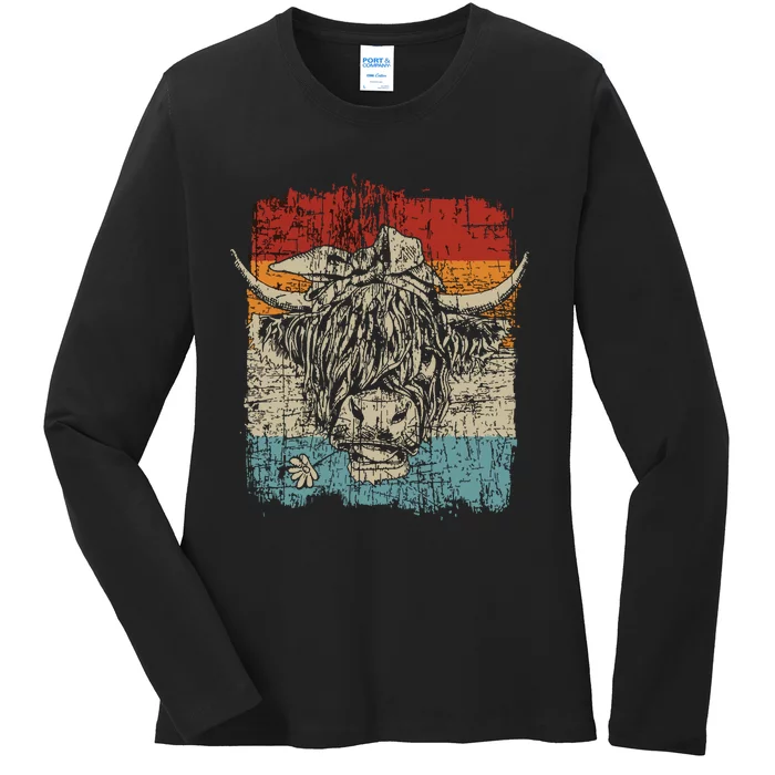 Scottish Highland Cow Cattle Hairy Cow Flowers Ladies Long Sleeve Shirt