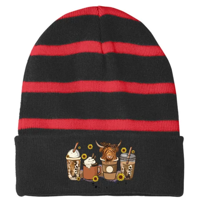 Scottish Highland Cow Sunflower Fall Vibes Coffee Lover Striped Beanie with Solid Band