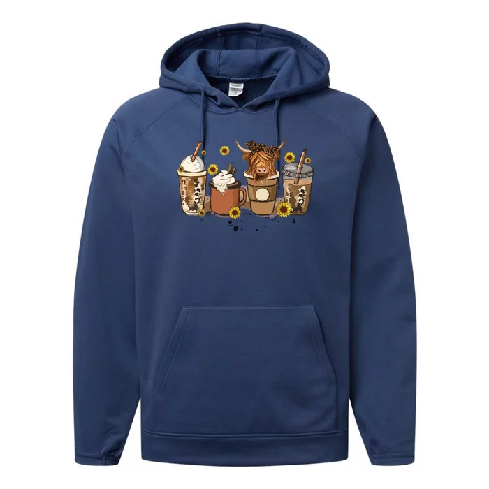 Scottish Highland Cow Sunflower Fall Vibes Coffee Lover Performance Fleece Hoodie