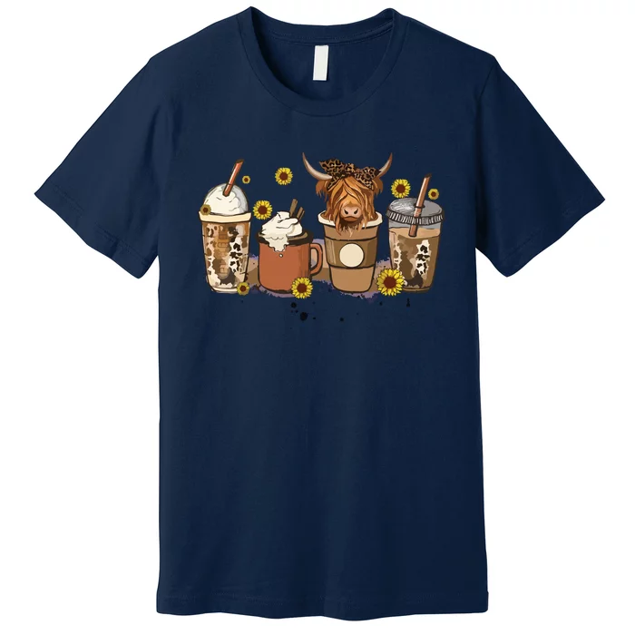 Scottish Highland Cow Sunflower Fall Vibes Coffee Lover Premium T-Shirt