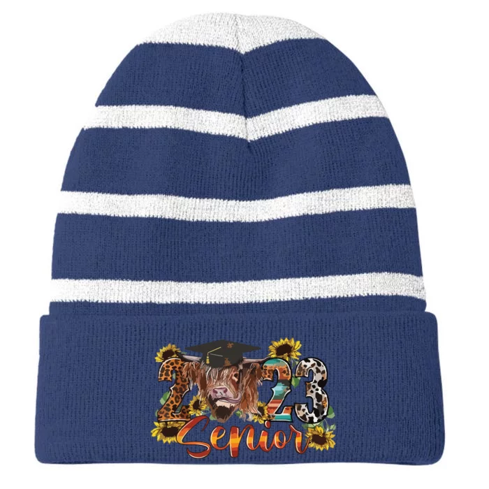 Senior Highland Cow Western Graduation Gift Class Striped Beanie with Solid Band