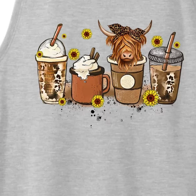 Scottish Highland Cow Sunflower Fall Vibes Coffee Lover Ladies Tri-Blend Wicking Tank