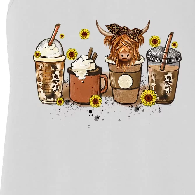 Scottish Highland Cow Sunflower Fall Vibes Coffee Lover Women's Racerback Tank