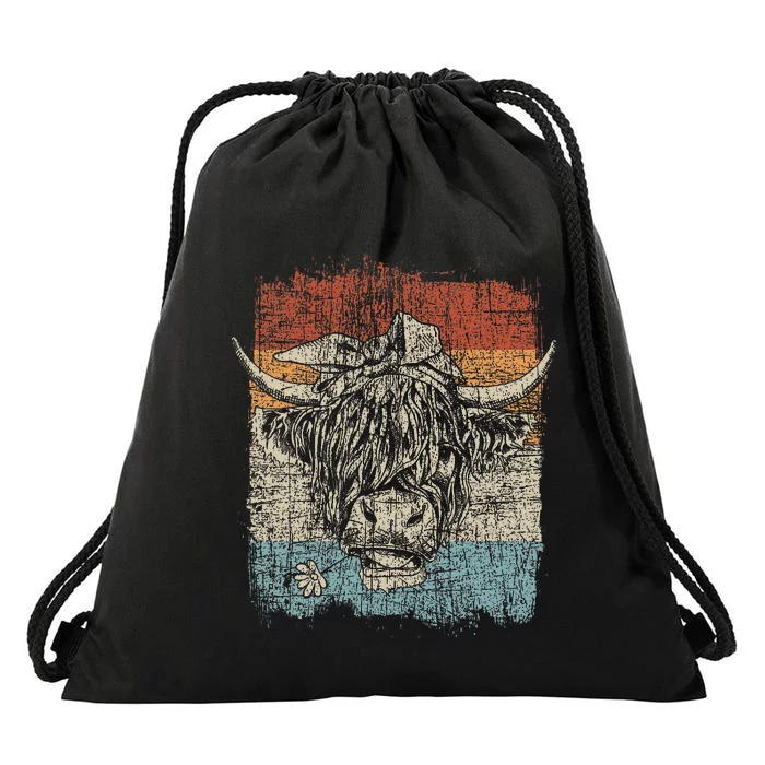 Scottish Highland Cow Cattle Hairy Cow Flowers Woman Drawstring Bag