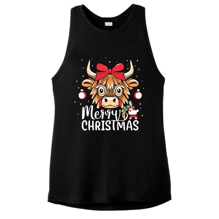 Scottish Highland Cow Merry Christmas Snow Ladies Tri-Blend Wicking Tank