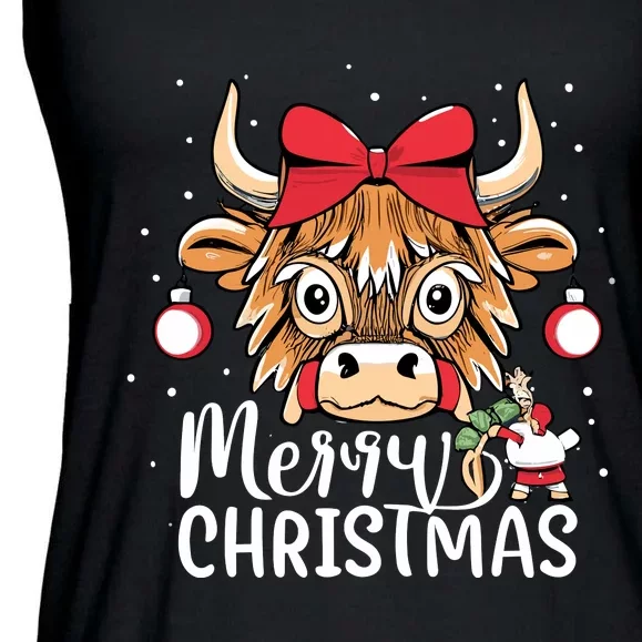 Scottish Highland Cow Merry Christmas Snow Ladies Essential Flowy Tank