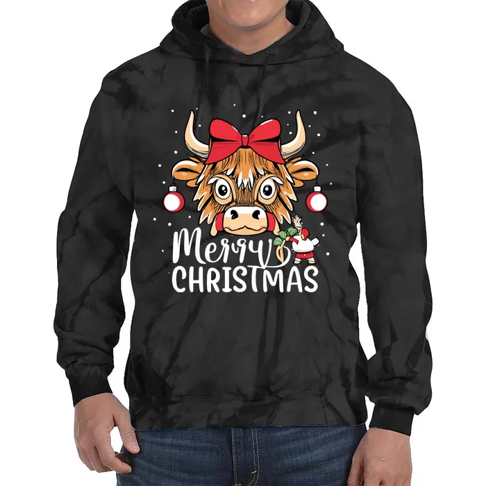 Scottish Highland Cow Merry Christmas Snow Tie Dye Hoodie