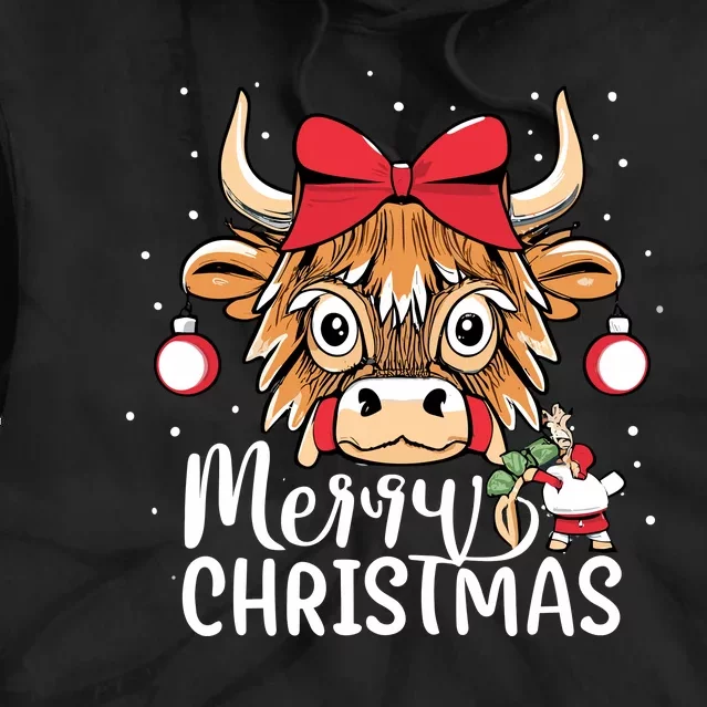 Scottish Highland Cow Merry Christmas Snow Tie Dye Hoodie