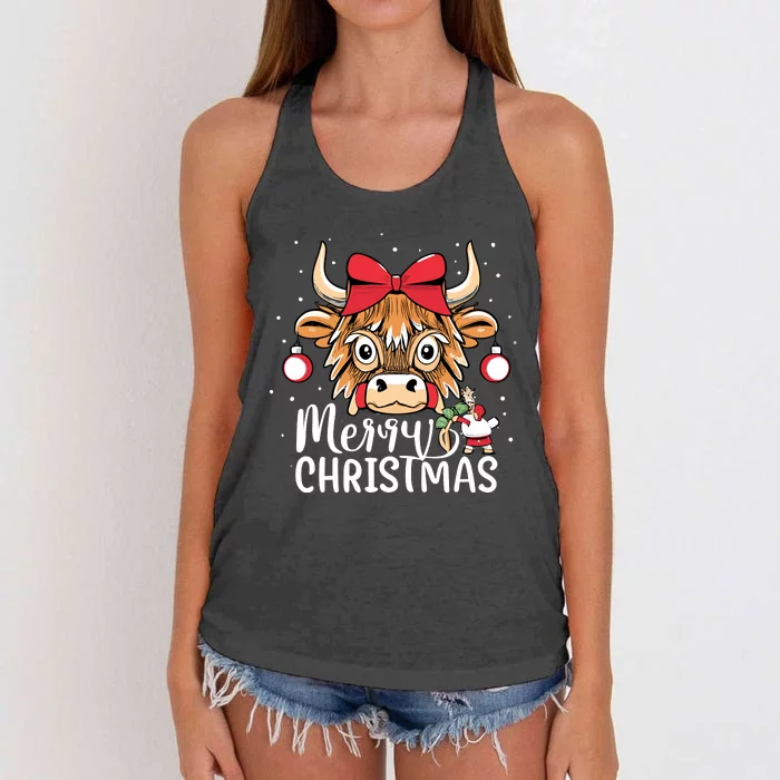 Scottish Highland Cow Merry Christmas Snow Women's Knotted Racerback Tank