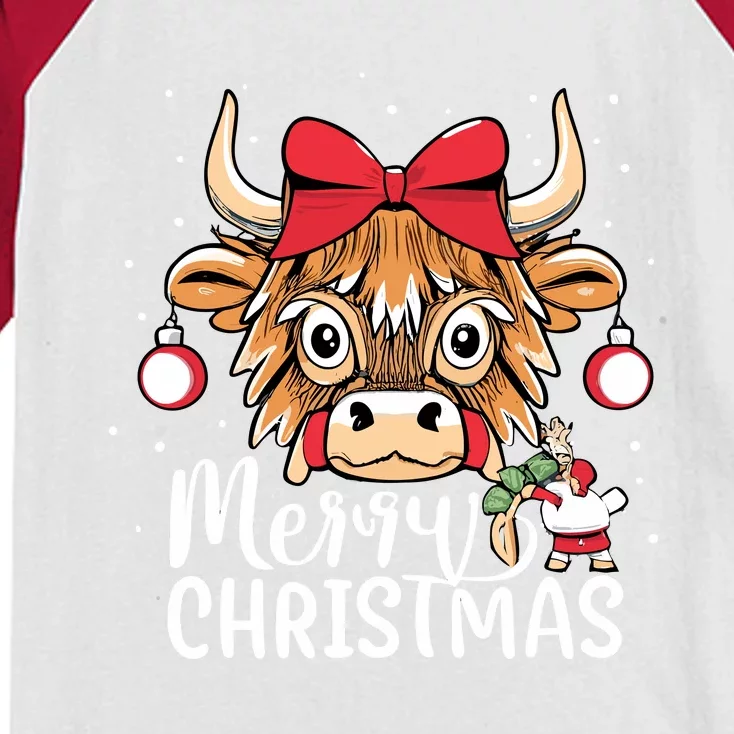 Scottish Highland Cow Merry Christmas Snow Kids Colorblock Raglan Jersey